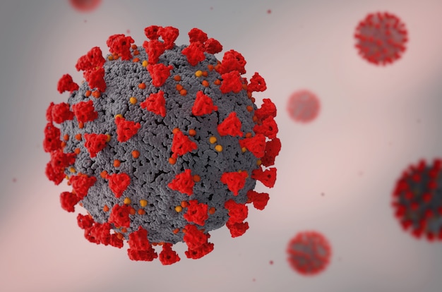 Enlargement of the virus sars cov 2 guilty of covid 19 disease. 3D rendering