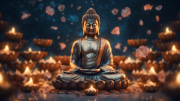満開の悟り 花とキャンドルの海の中で蓮のポーズで瞑想する静かな仏像 GenerativeAI