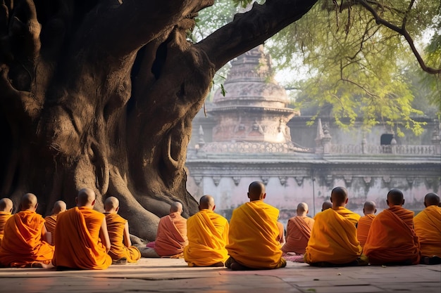 Photo enlightenment in bodh gaya monks meditate under the historic bodhi tree