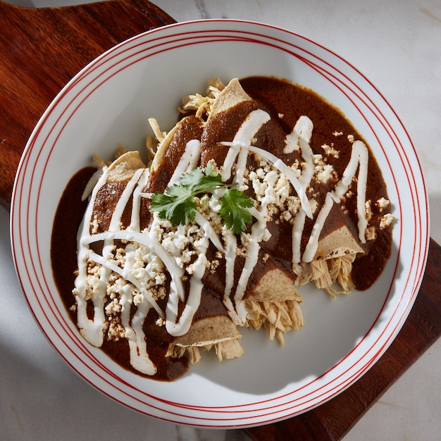 사진 enmoladas de pollo comida tipica mexicana tortilla de maiz rellena de pollo cubiertas de mole