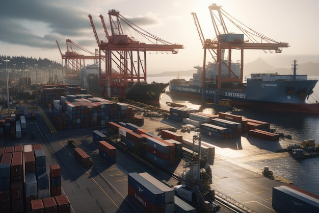 Enorm containerschip in een bruisende haven omringd door stapels vrachtcontainers, de ruggengraat van de wereldhandel AI Genative