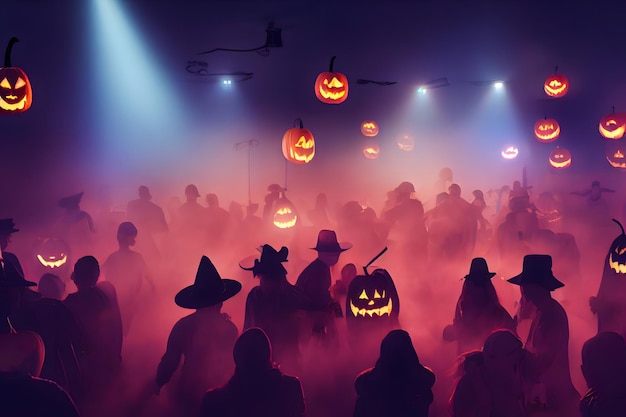 Enorm halloweenfeest met veel onherkenbare gekostumeerde mensen die dansen in een mistige neurale omgeving