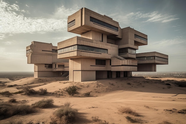Enorm verlaten gebouw dat is ontworpen in de brutalistische architectonische stijl Generative AI