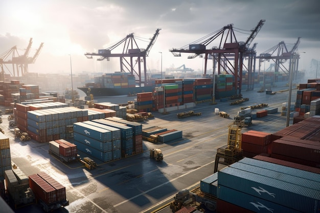 Enorm vrachtschip in een drukke haven omringd door stapels zeecontainers die wachten om te worden geladen of gelost AI Genative