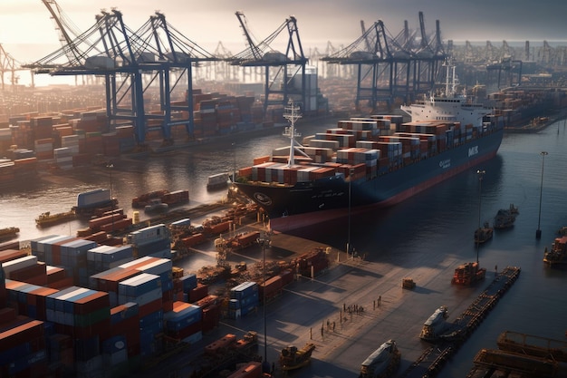 Enorm vrachtschip omgeven door containers in een drukke haven