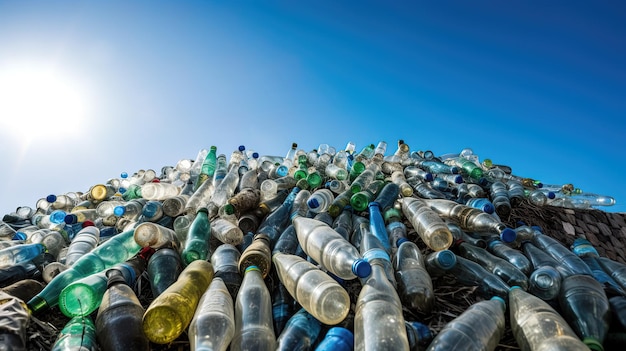 Enorme bos plastic afval onder een heldere hemel Gegenereerde ai