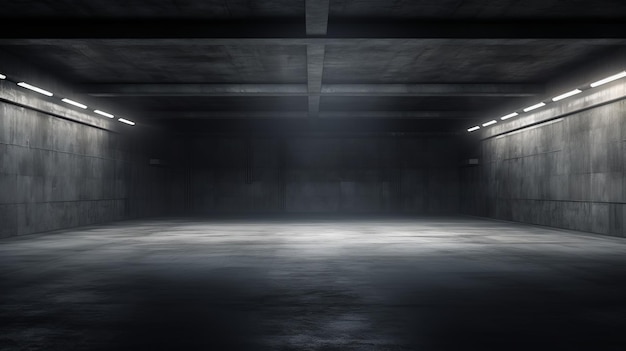 Enorme grote donkere zaal garage tunnel gang auto lege studio achtergrond witte ramen gloeiende cement asfalt beton grunge donkere hoge 3D render