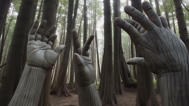 Enorme handsculpturen in Mysterious Forest