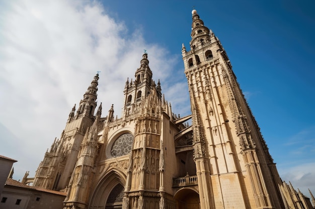 Enorme kathedraal met torenhoge torenspitsen en ingewikkelde details aan de buitenkant die afsteken tegen de lucht