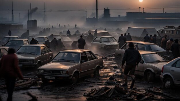 enorme mensen jammen ontsnappende stadsbrand explosie apocalyptische scène dystopische illustratie