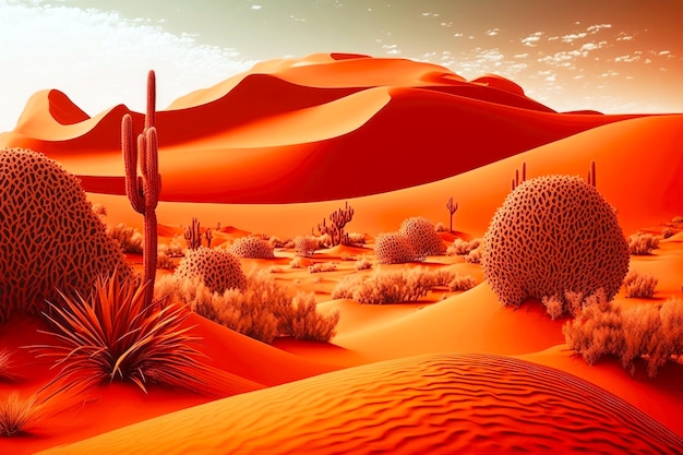 Foto enorme rode duinen met de bovenkant van het woestijnlandschap van de zandprairie met generatieve ai van cactussen en zandduinen