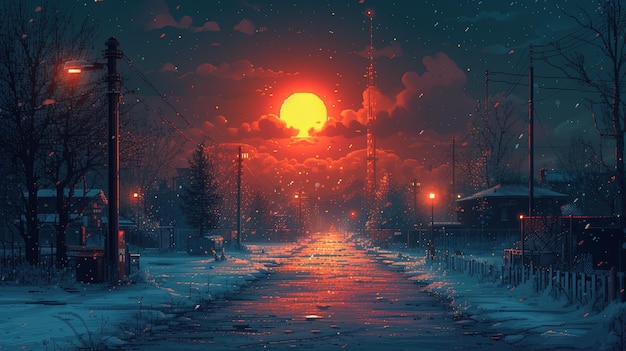 Enorme rode volle maan over een kleine gezellige stad winternacht vibe pixel art