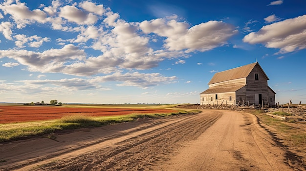 Enorme schuur verplaatst op onverharde weg door het zonnige platteland van Dunbar Nebraska bij daglicht
