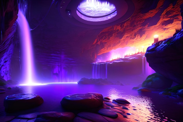 enorme spa in een natte grot, waterval, paarse verlichting