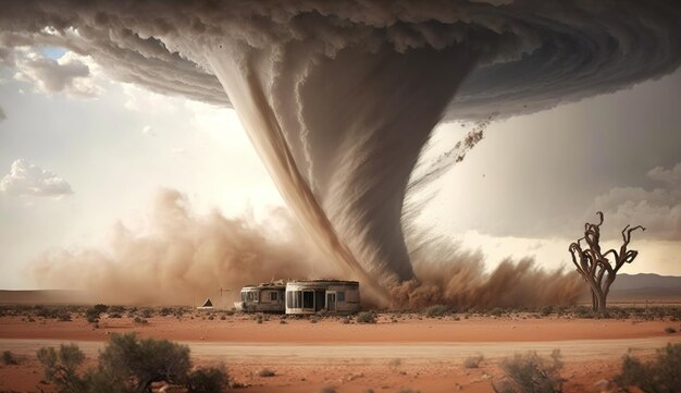 Enorme tornado verwoest woestijnlandschap Generatieve ai