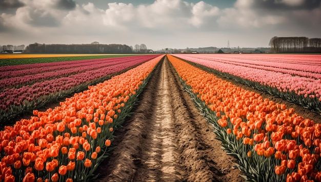 Foto enorme velden met kleurrijke tulpen generatieve ai