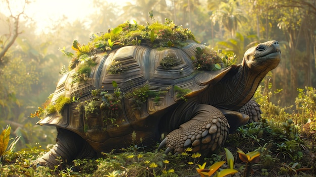 An enormous ancient turtle carries a garden on its back