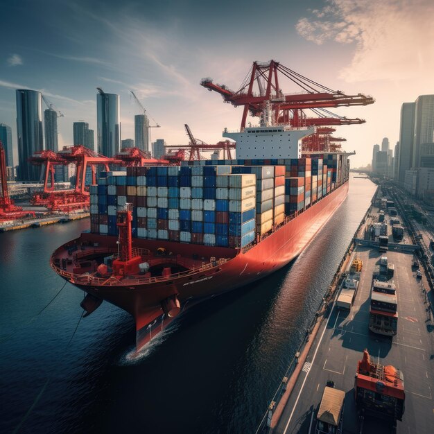 Enormous cargo ship in a bustling port