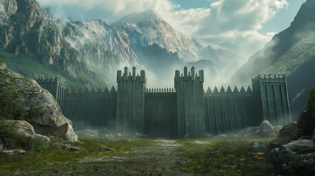 Enormous Fantasy castle walls and a huge stone gate blocking a pass between two mountains