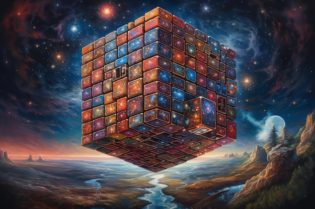 An enormous levitating cosmic Rubik's cube