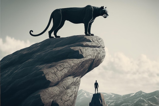 Огромный обсидиановый кошачий и его хранитель, сидящий на вершине скалистой вершины Фантастическая концепция Иллюстрация живопись Генеративный ИИ