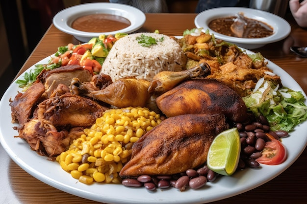 Enormous plate of food overflowing with rice and beans chicken and fish