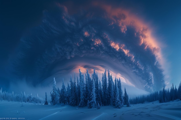 Enormous supercell cloud over a snowy forest