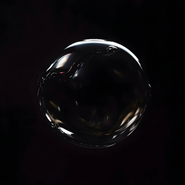 Enourmous unstable bubble of black glossy liquid floating centred on black background