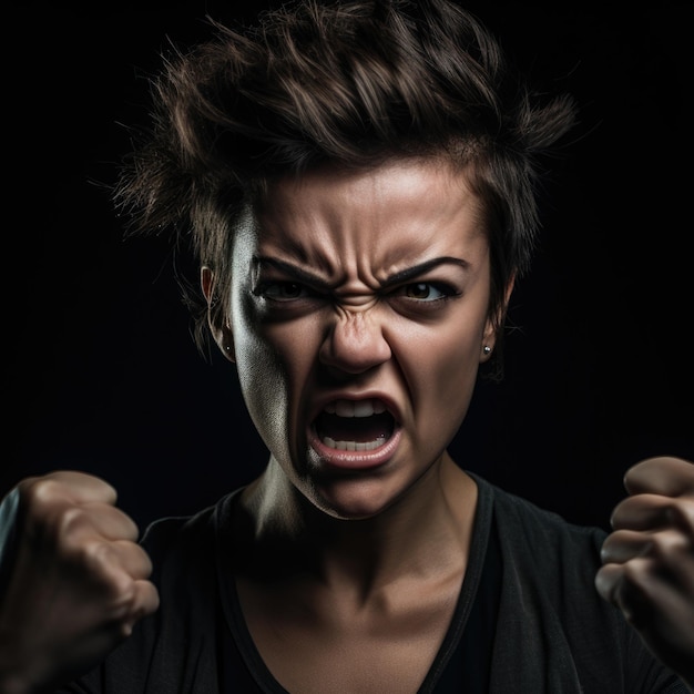 화가 난 표정으로 스튜디오 배경에 있는 한 여성의 분노한 초상화