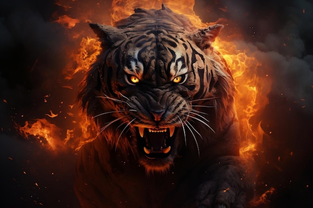 An Enraged Tiger Amidst Flames and Smoke AI