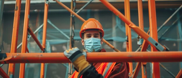 Ensuring Safety Scaffolding Installation by Masked Construction Worker