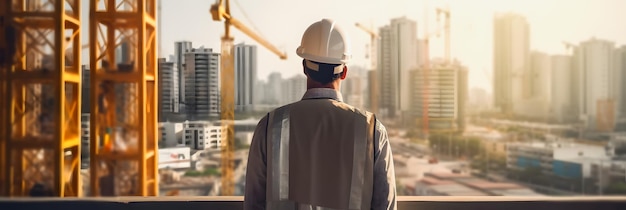 Photo ensuring site safety engineer in full ppe with tower crane background