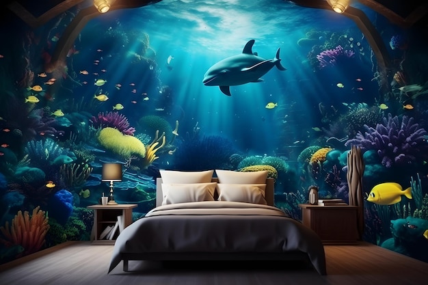 매혹적인 수중 세계로 들어가서 야생의 매혹적인 3D 효과 벽에 몰입하십시오.