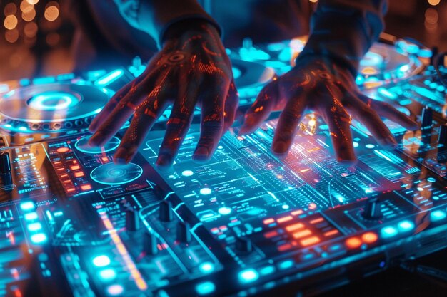 Photo enter the realm of sound as a djs hands deftly man generative ai