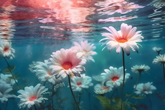 Enter a surreal underwater dreamscape where white daisies float casting vibrant hues A fusion of beauty and fantasy Generated AI