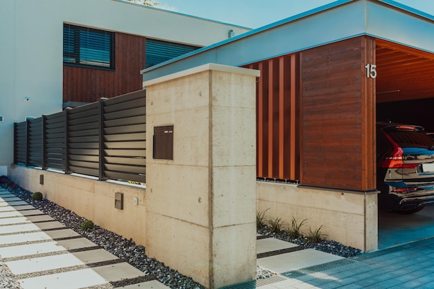 Entering a modern house with wooden details