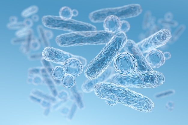 腸内細菌科、グラム陰性桿菌、腸内微生物叢の一部、さまざまな感染症の原因菌、3Dレンダリング。大腸菌、クレブシエラ、エンテロバクターなど