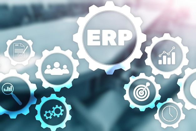 オフィスの背景に関するエンタープライズ リソース プランニング 自動化とイノベーションのコンセプト ERP