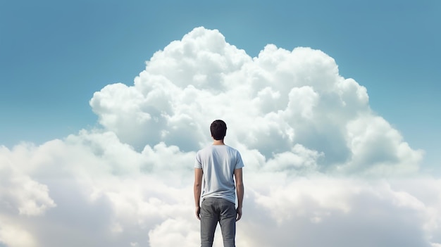 Entertaining man standing in back view on clouds back