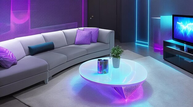 entertainment room with holographic displays and interactive furniture