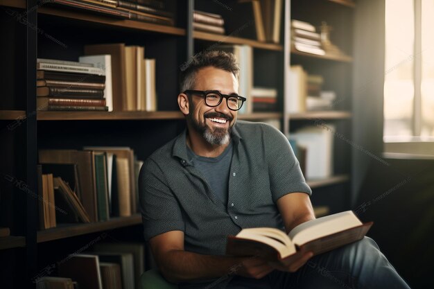 Enthousiaste baarde student ondergedompeld in een boeiend boek in een moderne bibliotheekomgeving