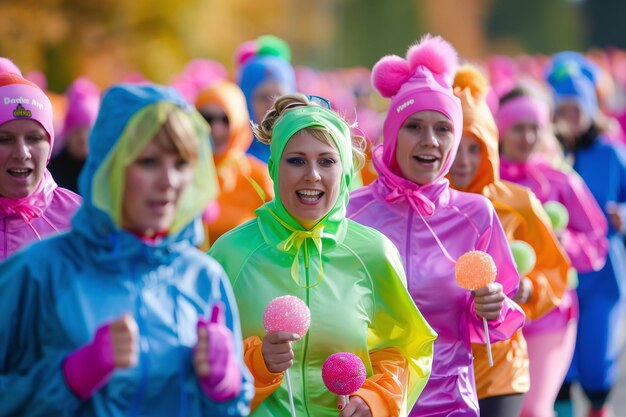 Enthousiaste groep bij een kleurrijke openluchtloopwedstrijd