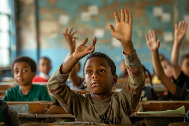 Enthousiaste kinderen die hun handen opheffen in de klas met AI gegenereerd