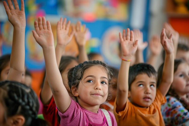 Enthousiaste kinderen die hun handen opheffen in de klas met AI gegenereerd