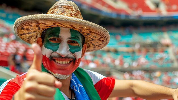 Foto enthousiaste mexicaanse fan met geschilderd gezicht die juicht bij een sportevenement op een wazige achtergrond van het stadion