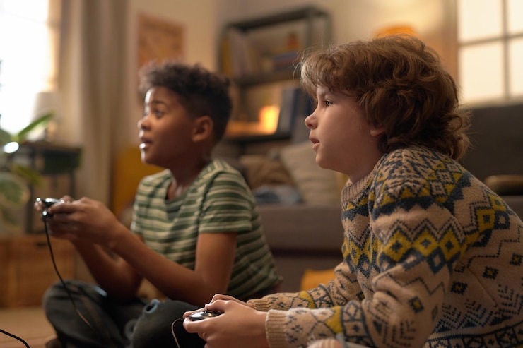 Foto enthousiaste multi-etnische jongens die samen een retro videospel spelen