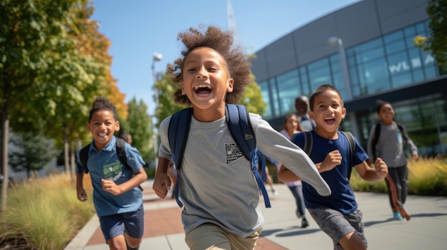 Enthousiaste schoolkinderen rennen naar de ingang van het wetenschapscentrum