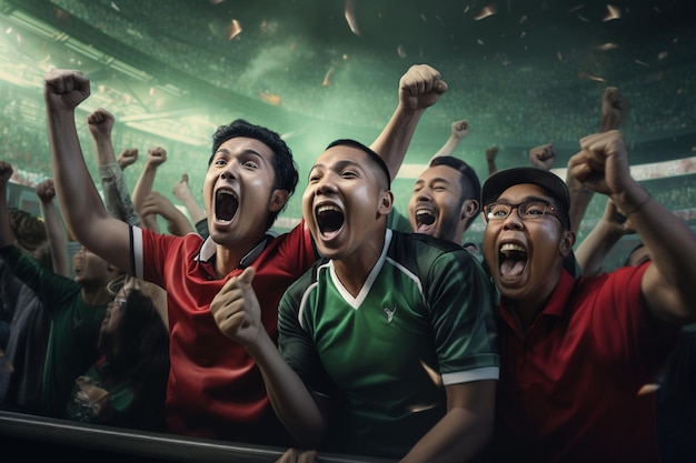 Enthousiaste voetbalfans van Bangladesh juichen voor hun team tijdens een wedstrijd in het stadion.