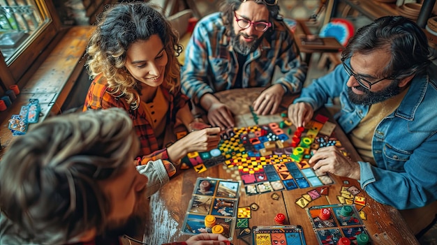 Foto enthousiaste vrienden die zich bezighouden met een opwindend bordspel