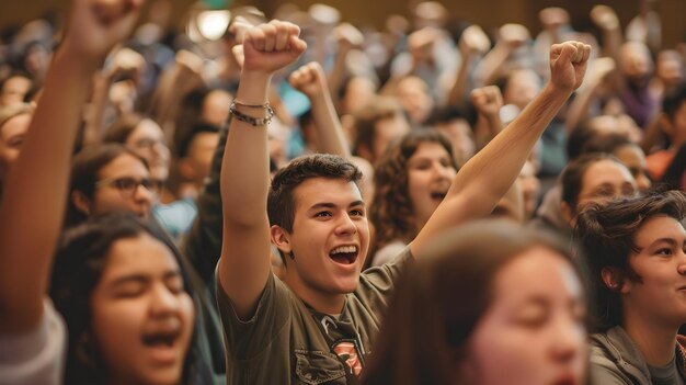 Enthousiaste vuistpompen op een academisch seminar captureert de motivatie en de triomf van het publiek